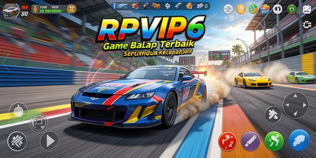 Gameplay RPVIP6 menampilkan mobil balap dan trek menantang.