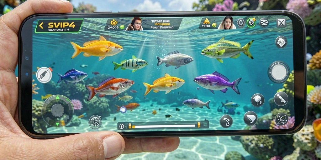 Screenshot gameplay menarik dari SVIP4 dengan ikan berwarna-warni.