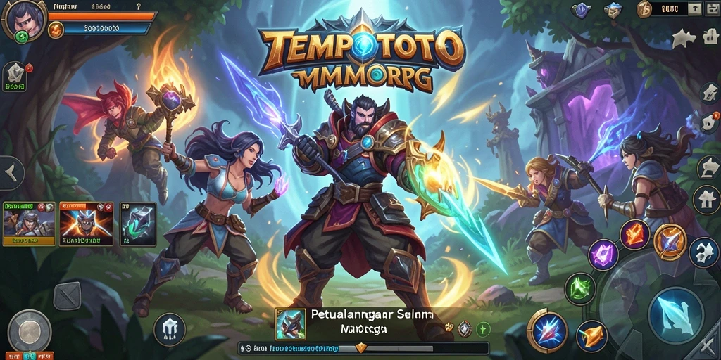 Tangkapan layar utama TEMPOTOTO menampilkan pertempuran epik dalam dunia MMORPG.