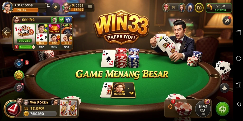 Screenshot gameplay WIN33 menunjukkan para pemain serius bertaruh di meja poker.